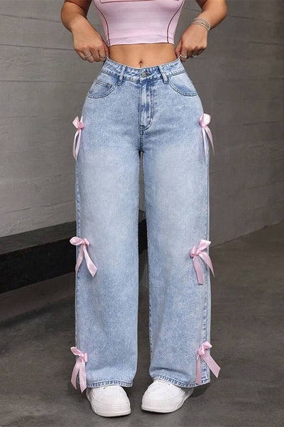 Fashion Bow Embellished High-Rise Casual Pocket Straight Jeans