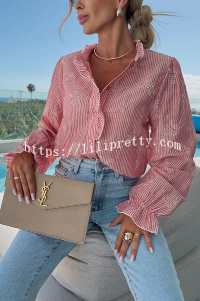 Stripe Print Plant Embroidery Long Sleeve Casual Shirt