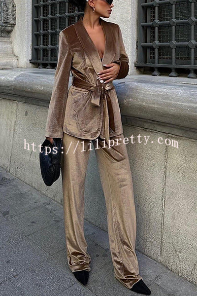 Cool Girl Energy Velvet Long Sleeve Belted Lapel Coat and Elastic Waist Pocketed Loose Pants Set