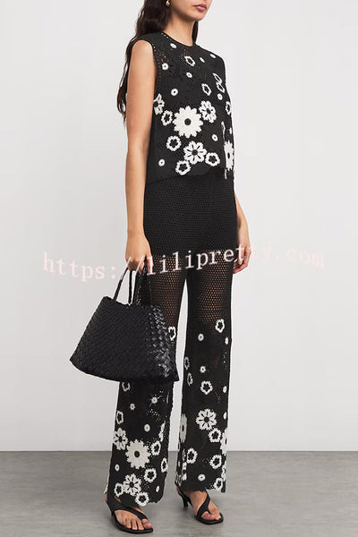 Fashion Embroidered Hollow Hook Elastic Waist Casual Wide-leg Pants