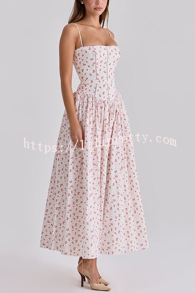Romantic Countryside Stretch Cotton Blend Floral Print Cutout Trim Slip Midi Dress