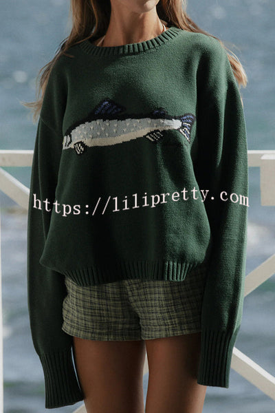 Fashionable Fish Pattern Round Neck Loose Knitted Sweater