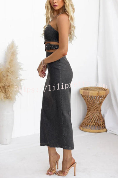 Chatting You Up Washed Denim Cutout Waist Belted Tube Stretch Dress