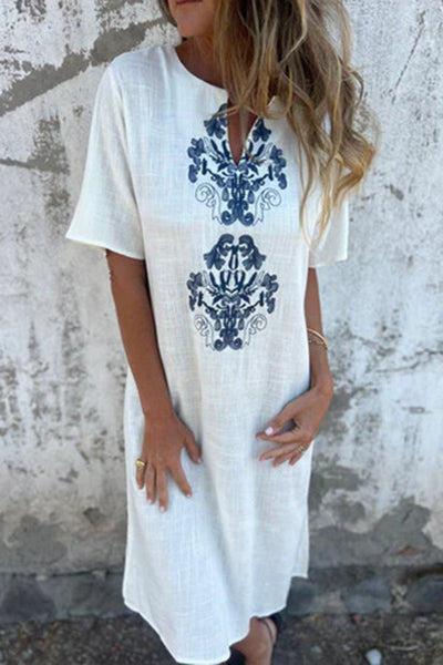 Embroidered Pattern V-neck Short-sleeved Loose Midi Dress