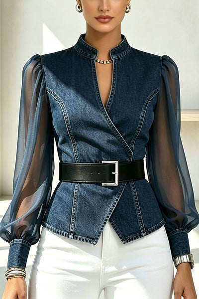 Faux Denim & Sheer Tulle Sculpted Crossover Blouse