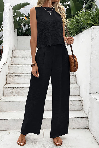 Solid Color Sleeveless Back Tie Vest and Elastic Waist Pocket Straight Pants Set