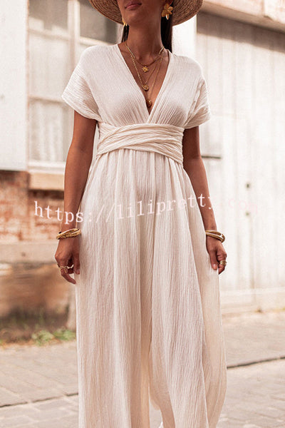 Up To You Linen Blend Elastic Waist Straps Loose Jumpsuit