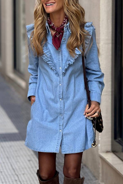 Ruffle Trim Denim Shirt Dress