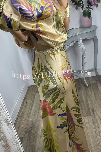 Palm Beach Satin Printed Button Wide Sleeve Shirt and Elastic Waist Maxi Skirt Set