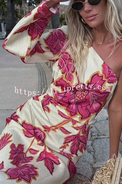 Rhia Satin Floral Print One Shoulder Flared Maxi Dress