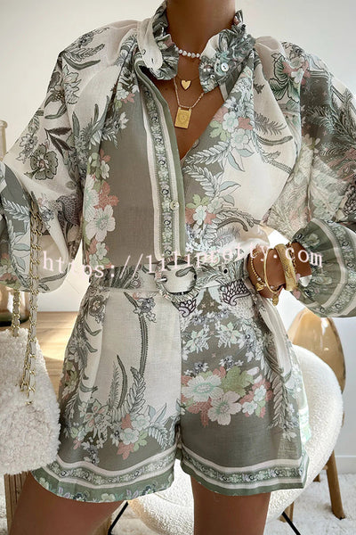 Botanical Print Palace Style Stand-up Collar Lantern Sleeve Loose Top and Casual Shorts Set