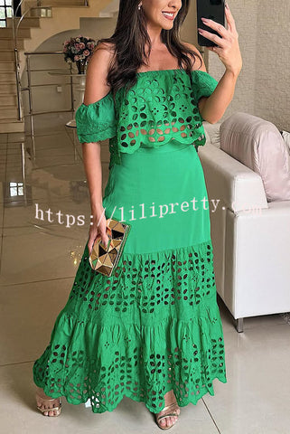 Valia Crochet Cutout Lace Off Shoulder Top and Elastic Waist A-line Maxi Skirt Set