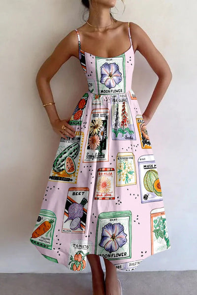 Summer Colorful Unique Printed Sexy Suspender Slim Midi Dress