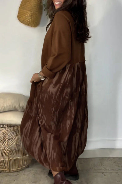 Fashionable Tie-dye Patchwork Round Neck Long Sleeve Pocket Loose Maxi Dress