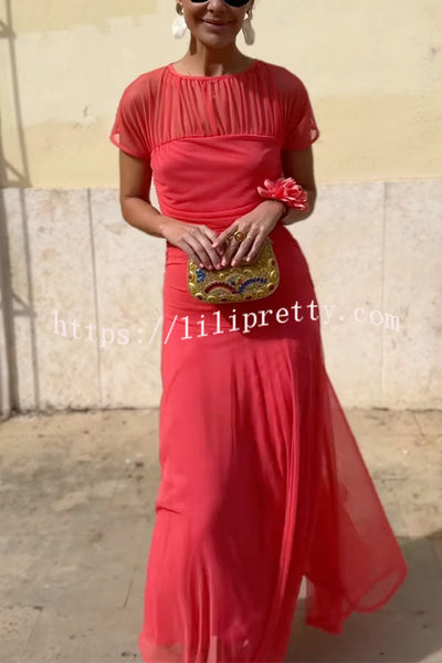 Chic Illusion Yoke Short Sleeve Flowy Long Dress
