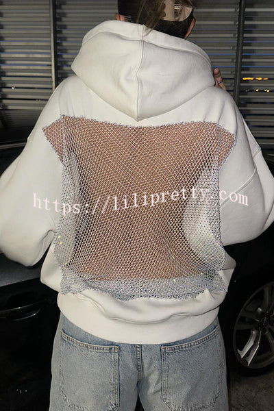 Fashionable Shiny Mesh Hollow Back Loose Long-sleeved Hooded Sweatshirt