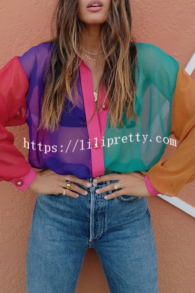 First Glance Sheer Tulle Colorblock Button Up Loose Blouse