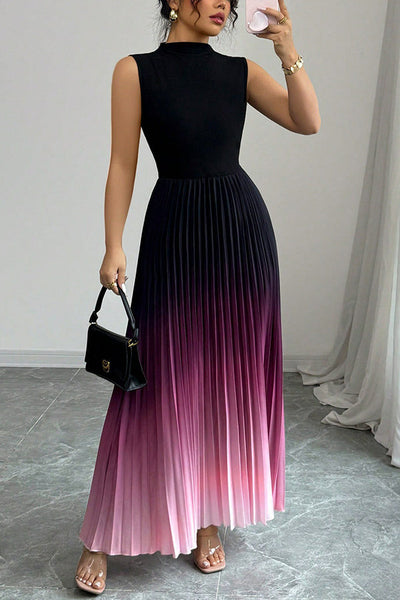 Fashionable Gradient Sleeveless Slim Fit Stitching Pleated Maxi Dress