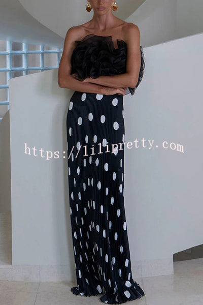 Eye-catching Satin Pleated Poka Dot Print High Rise Drape Maxi Skirt