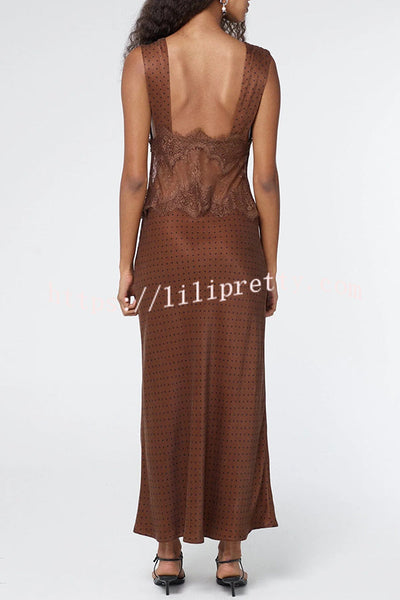 Wonderful Fusion Satin Lace Trim Poka Dot V-neck Drape Maxi Dress