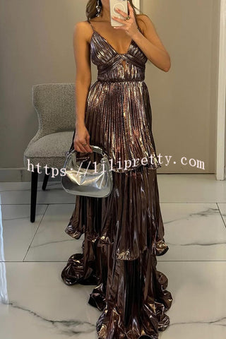 Seize The Gorgeous Pleated Metallic Fabric Cutout Tiered Maxi Dress