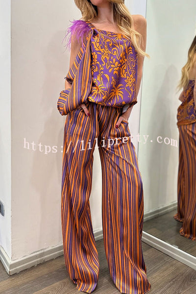 Sora Unique Print Feather One Shoulder Slit Sleeve Top and Elastic Waist Pocket Pants Set