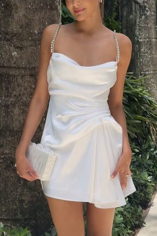 Jorie Satin Rhinestone Shoulder Strap Ruched Drape Hem Mini Dress