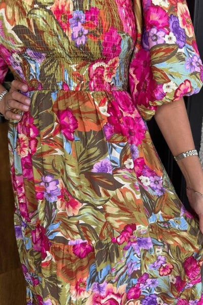 Tropical Floral Puff Sleeve Smocked Tiered Maxi Dress