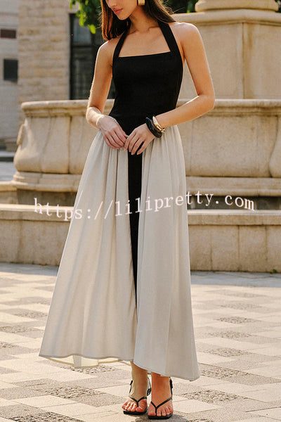Fashion Contrast Color Stitching Sleeveless Backless Slim Maxi Dress