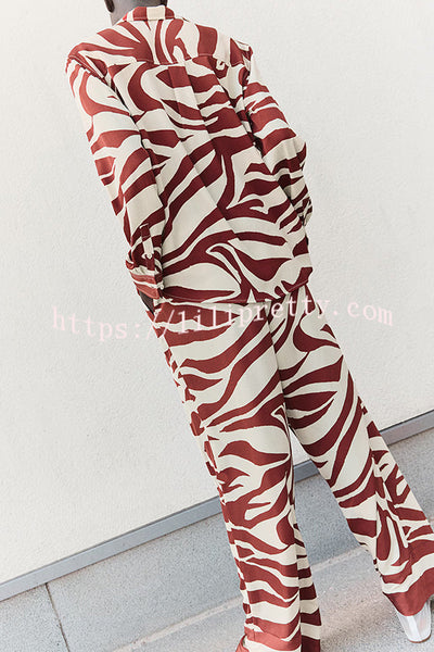 Unique Print Lapel Long Sleeve Loose Shirt and Elastic Waist Casual Pocket Wide Leg Pants Set