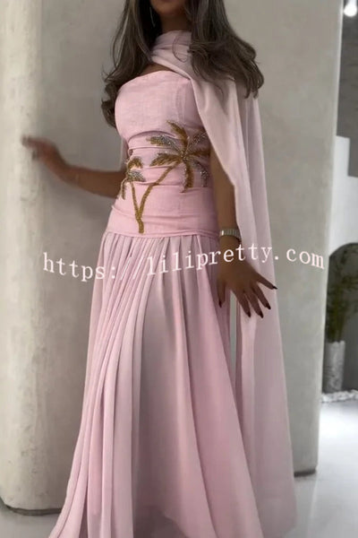 Stylish Beaded Sleeveless Off-shoulder Elegant Maxi Dress with Chiffon Shawl