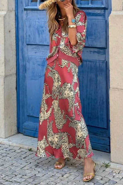 Burgundy Leopard Print Satin Shirt Maxi Dress Set