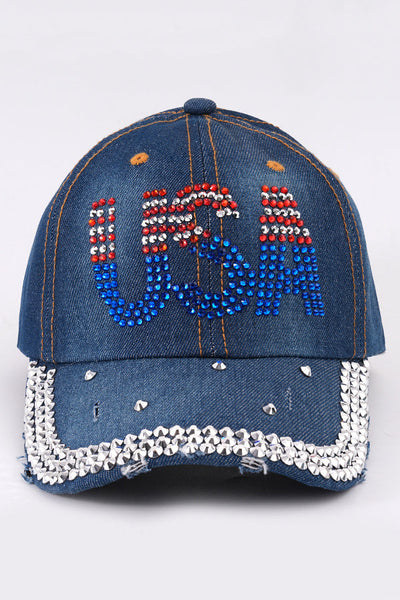 Rhinestone-studded Denim Baseball Cap