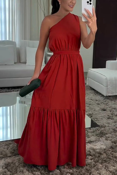 Solid Color One Shoulder Waist Tie Maxi Dress