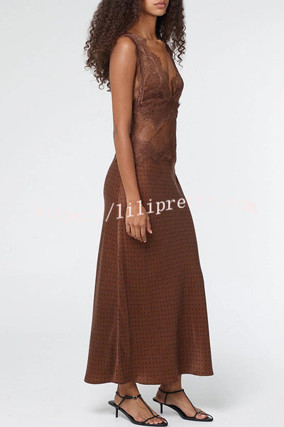 Wonderful Fusion Satin Lace Trim Poka Dot V-neck Drape Maxi Dress
