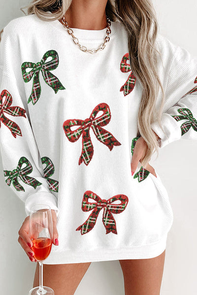 Christmas Plaid Bow Sequin Loose Casual Long-sleeved Sweatshirt
