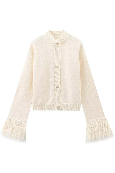 Solid Color Elegant Feather Long Sleeve Casual Knitted Cardigan
