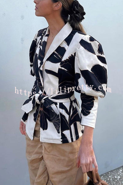 Sunny Sangria Unique Printed Puff Sleeve Waist Tie Lapel Jacket