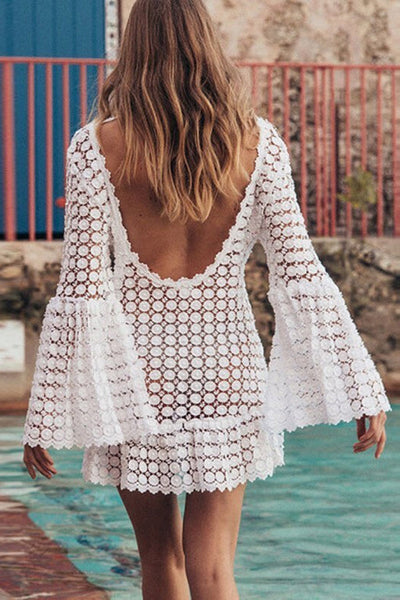 Fashion Backless Bell Sleeve Holiday Cover-up Mini Dress