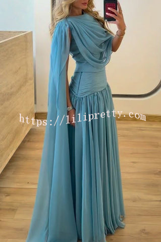 Solana Draped Sheer Cape Top and High Waist Pleated Slit Maxi Skirt Set