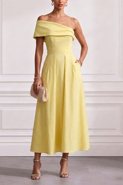 Chic One-Shoulder A-Line Midi Dress with Pockets