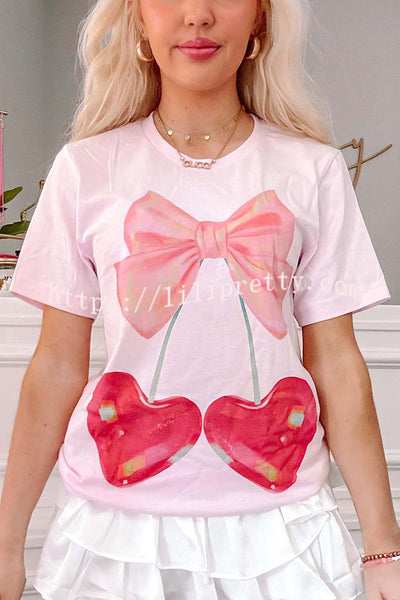 Cherry Bow Print Loose Casual Short Sleeve T-shirt