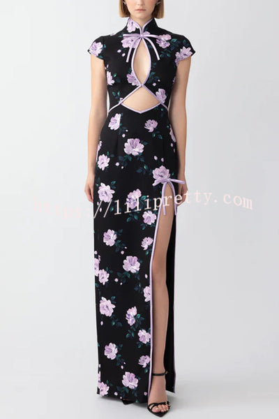 Lavender Flower Print Cutout Bow Details Thigh-high Slit Cheongsam Maxi Dress