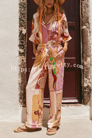 Tia Linen Blend Ric Rac Trims Unique Print Tank + Shirt + Pocketed Pants Set £¨3pieces£©