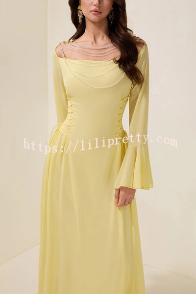 Fashionable Beaded Long-sleeved Square-neck Fitted Waist Tie Maxi Dress