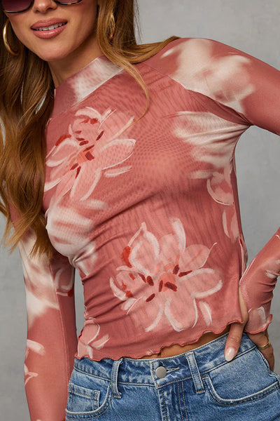 Floral Print Long-sleeved Stand-up Collar Casual Slim-fit Top