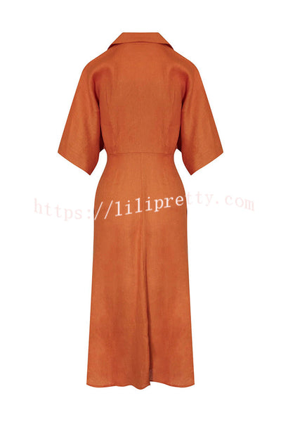 Asher Linen Blend Wide Sleeve Button Pocketed Shirt Loose Midi Dress