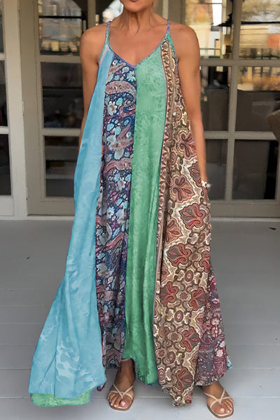 Unique Printed Loose Holiday Strap Big Hem Maxi Dress