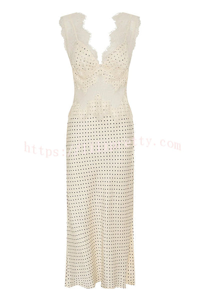 Wonderful Fusion Satin Lace Trim Poka Dot V-neck Drape Maxi Dress