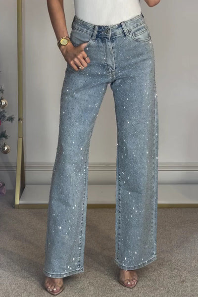 Fashionable Rhinestone High Waist Casual Pocket Straight Jeans